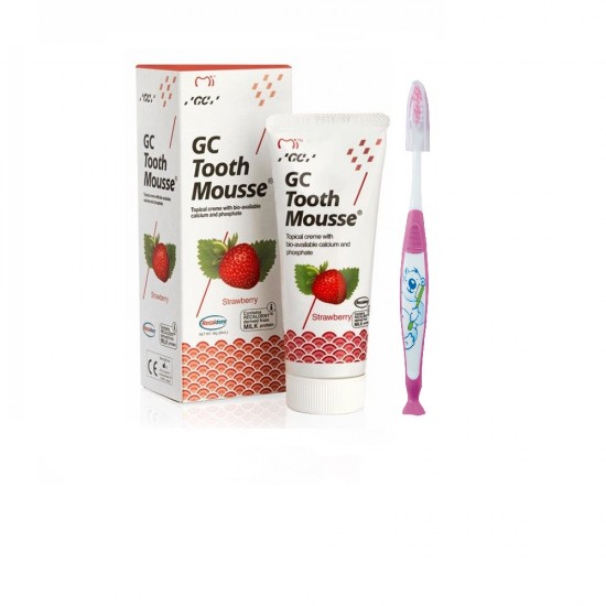 Set crema topica pe baza de apa GC TOOTH MOUSSE, capsuni, 40g si periuta copii 0-7 ani roz Set crema topica pe baza de apa GC TOOTH MOUSSE, capsuni, 40g si periuta copii 0-7 ani roz